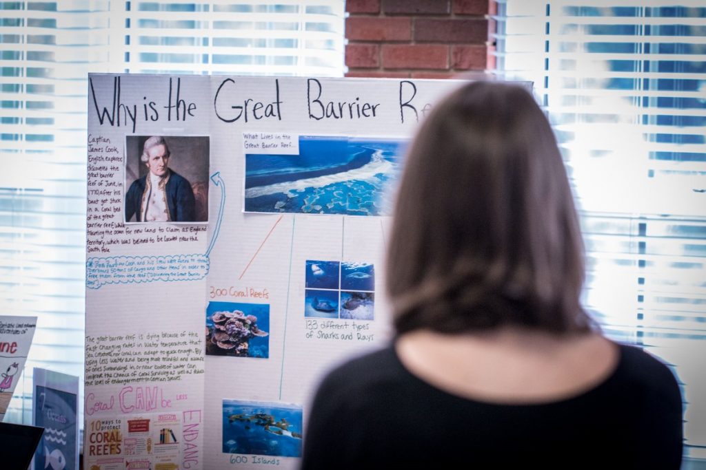 A student looks at a project on the Great Barrier Reef