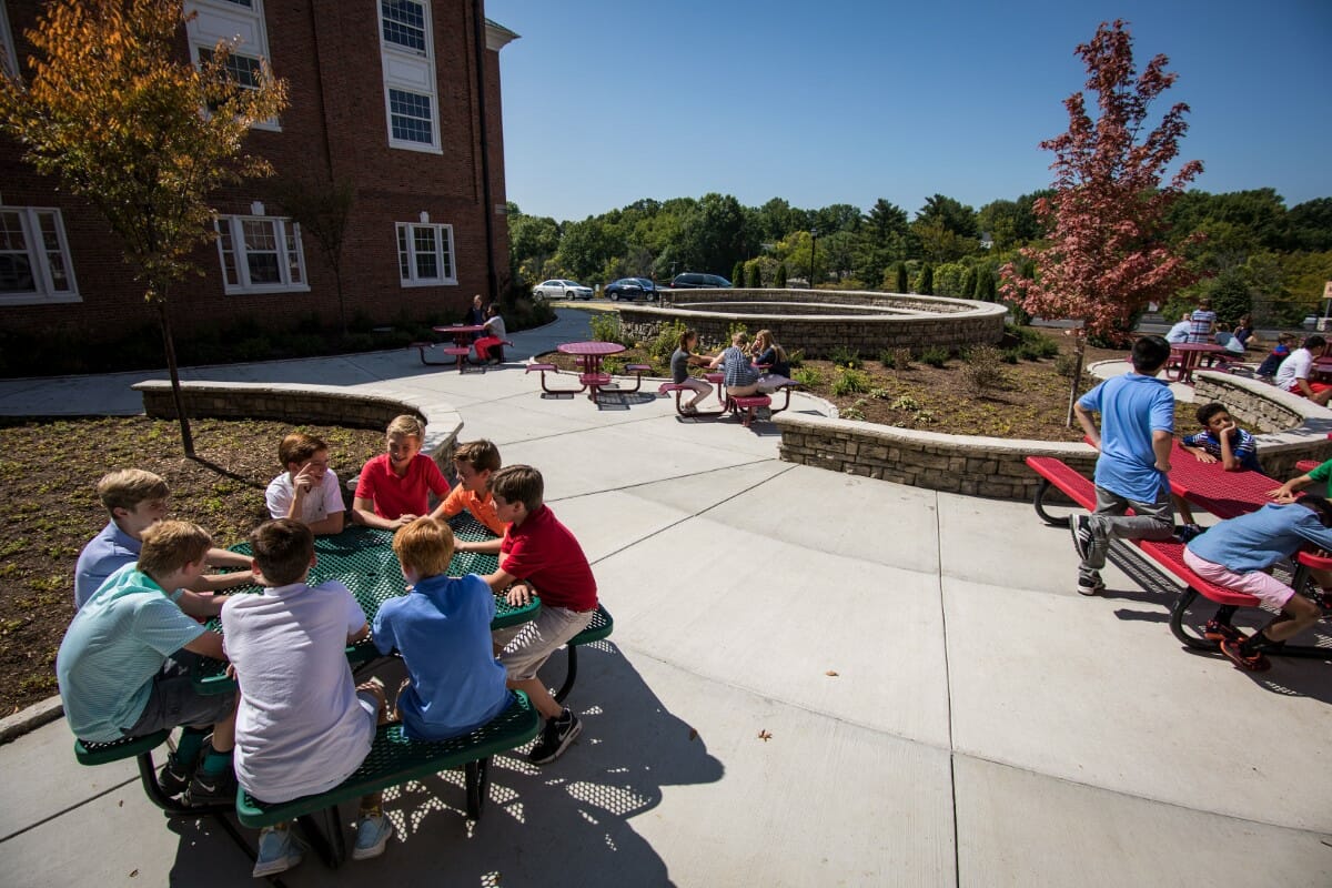 Middle school students gather in the new courtyard