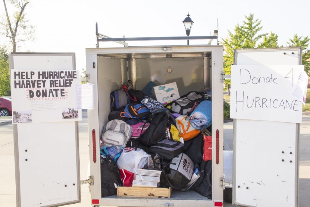 Backpacks in truck for Hurricanes Harvey and Irma victims