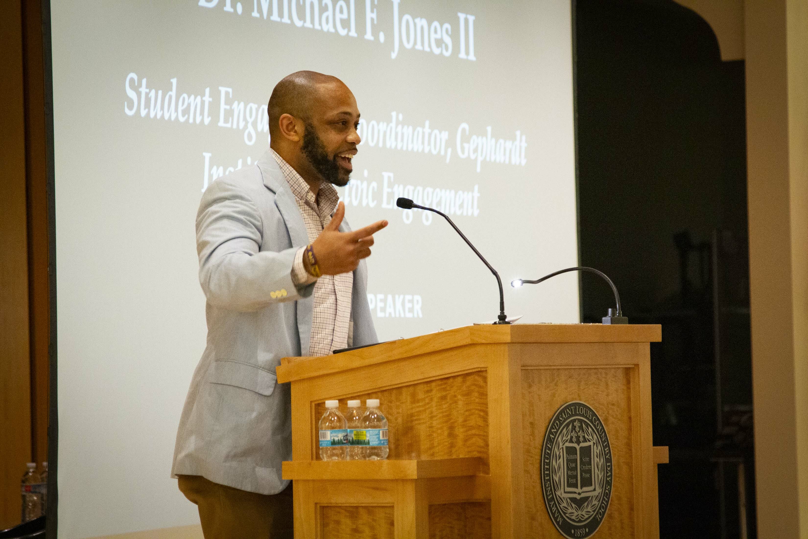 Dr. Mike Jones of the Gephardt Institute at St. Louis University speaks at MICDS Black History Month Celebration.