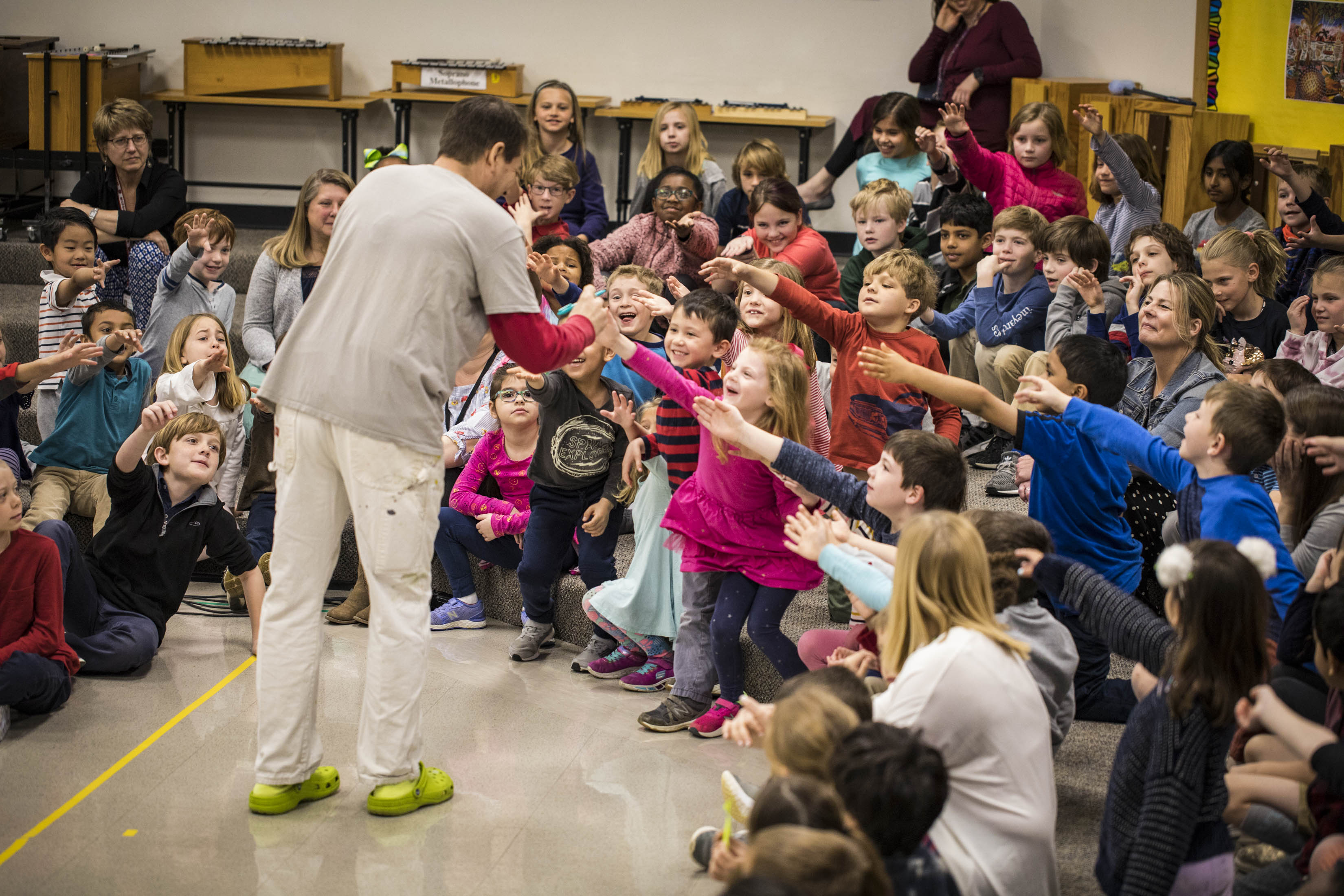 Kirkwood artist Mark Borella visited the MICDS Lower School to share Seeds of Happiness.